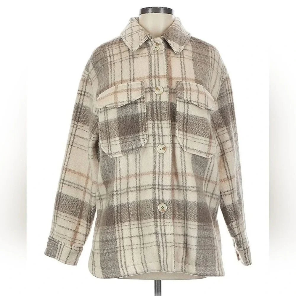 Zara Plaid Shacket Women XS Tan Oversized Flannel 3811/040/450 - Picture 2 of 9